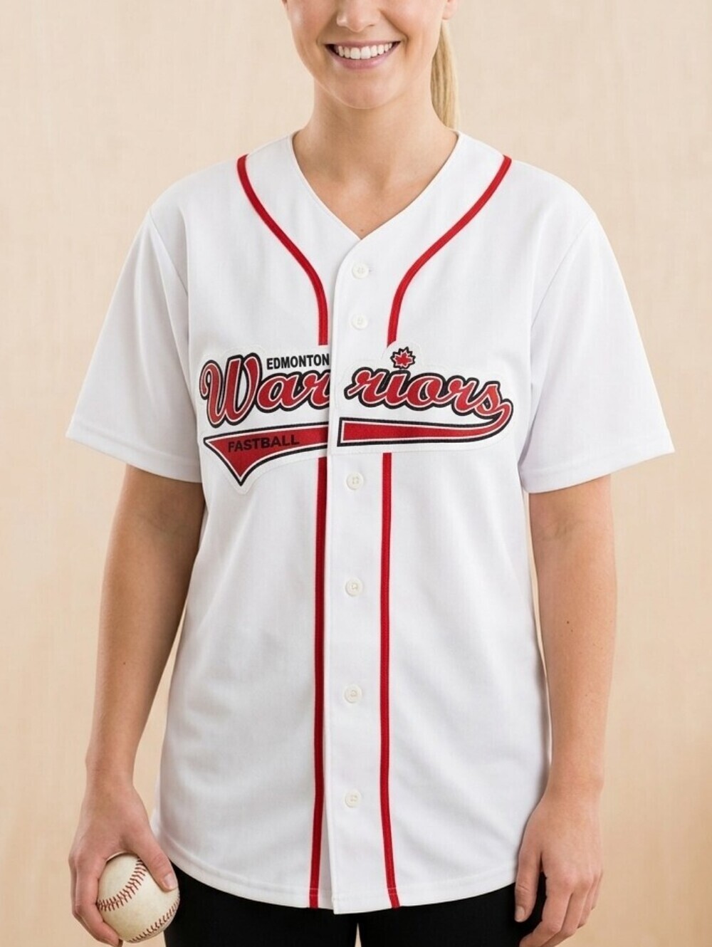 EDMONTON WARRIORS Baseball Fastball Jersey, White with Red Detail, Size Small